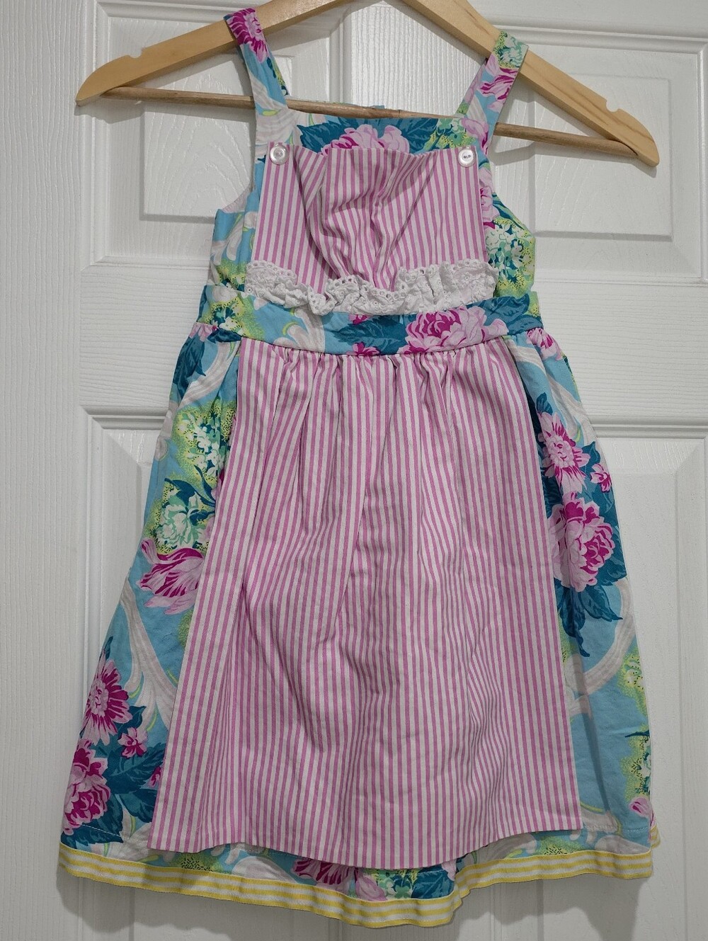 Runaway Pony Girls Pink & Blue Floral Sundress with Striped Apron